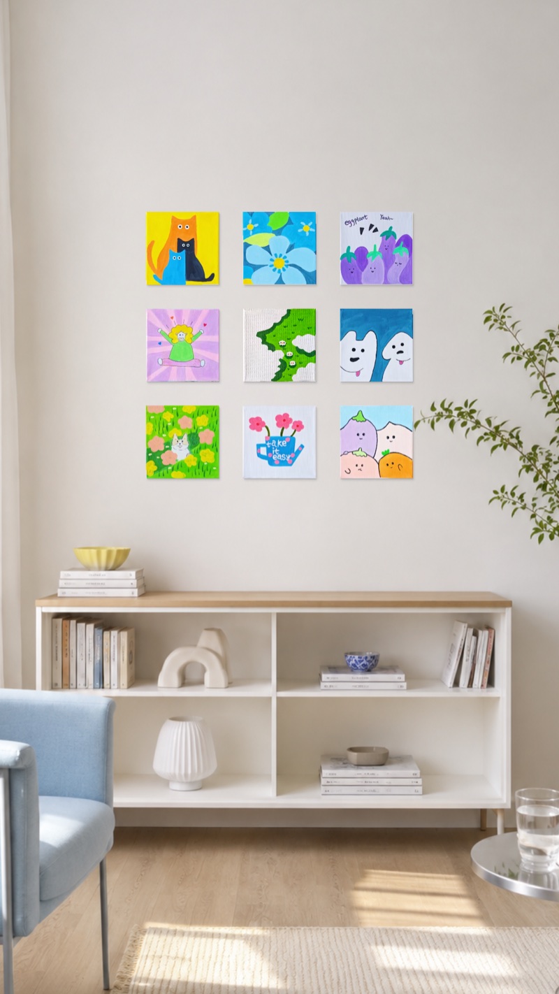 Colorful entirely hand-painted acrylic wall art above a white bookcase beside a powder-blue chair. Artgilt styling visualization.