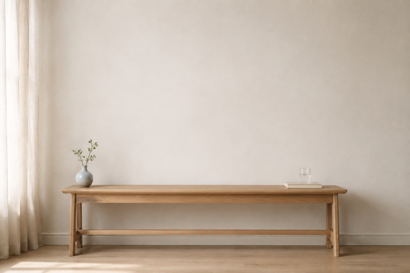 AI-generated light oak console and ivory wall used as an illustrative styling backdrop
